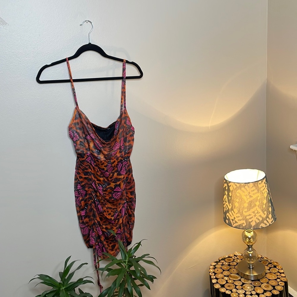 Pretty Little Thing butterfly rauched dress